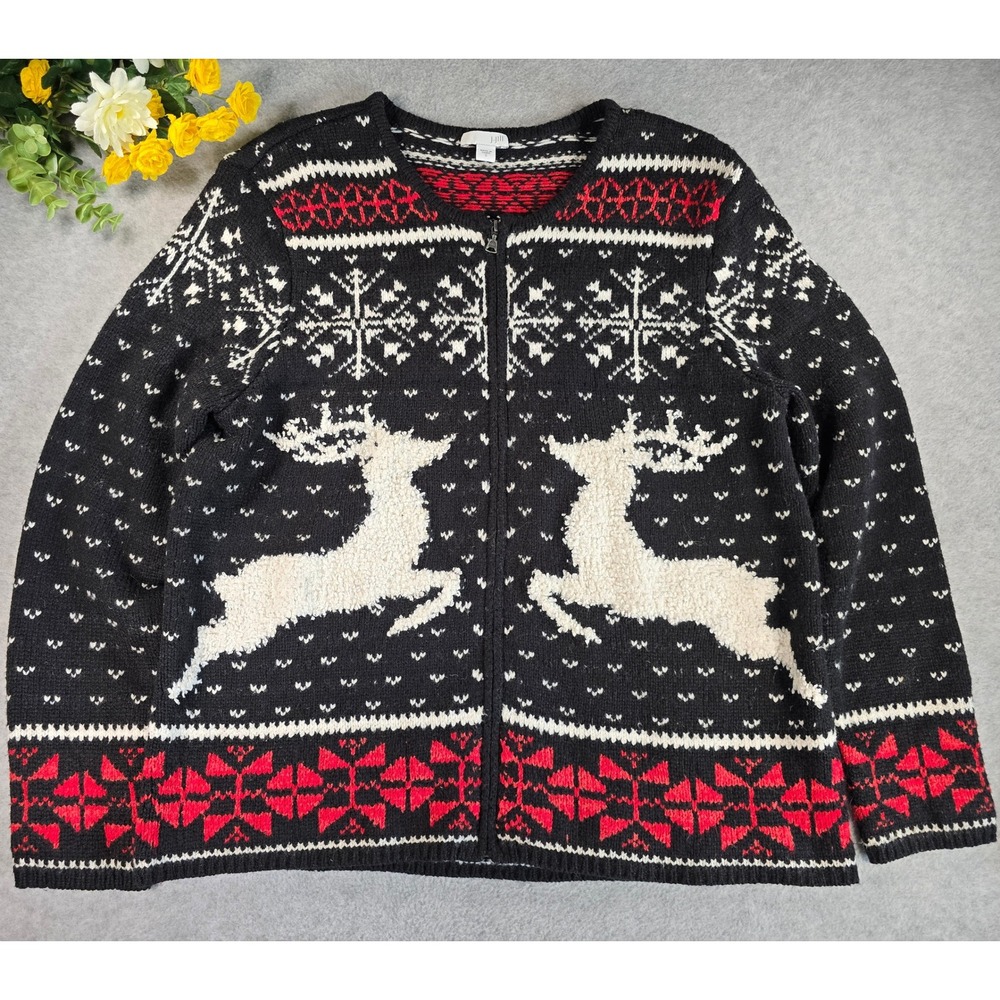 J Jill Womens Small Reindeer Fair Isle Zip Front Sweater Black Red Nordic Wool